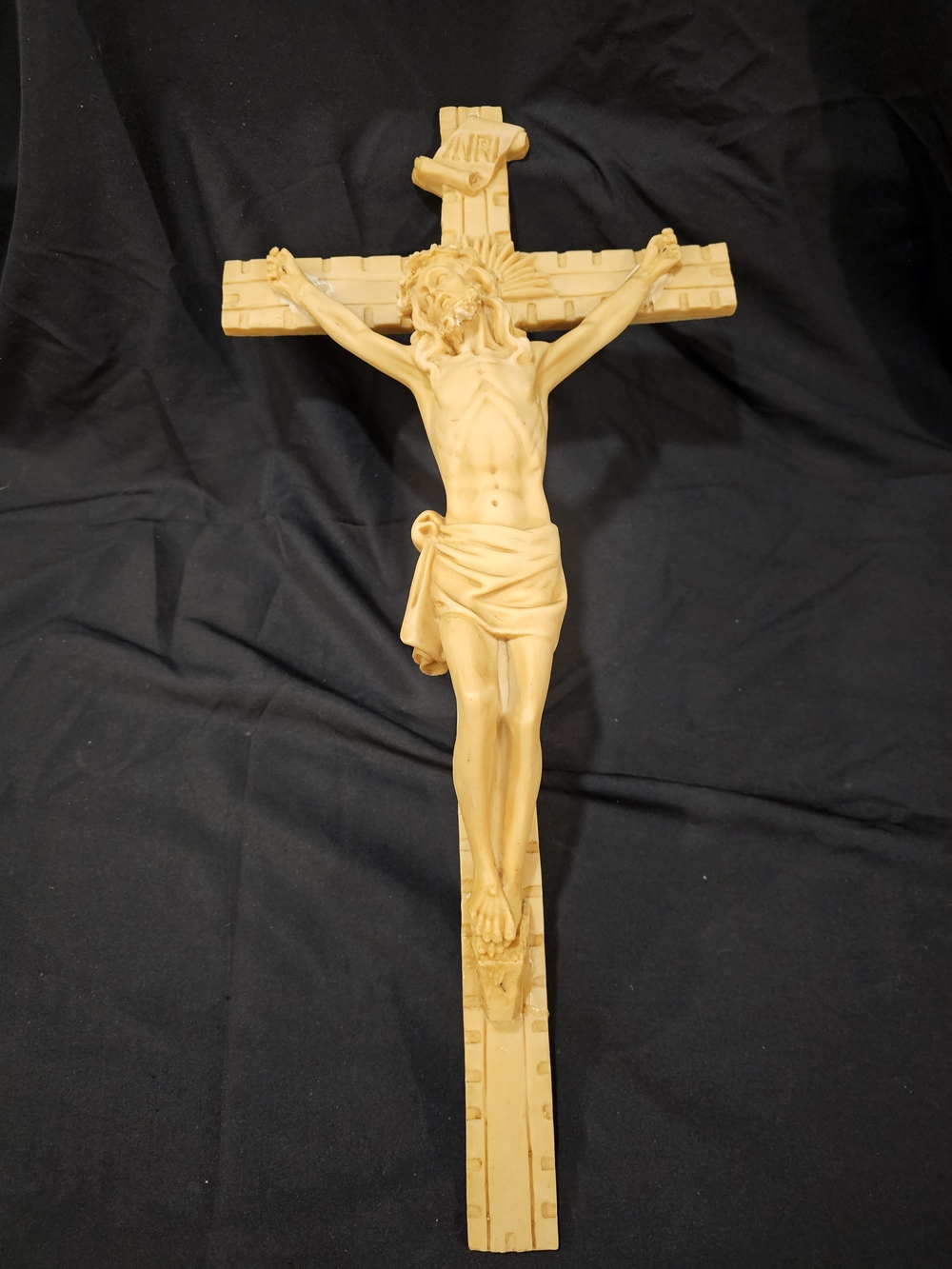 Vtge Crucifix 23" Mid Century Faux Stone INRI. Devotional Large Heavy Cross